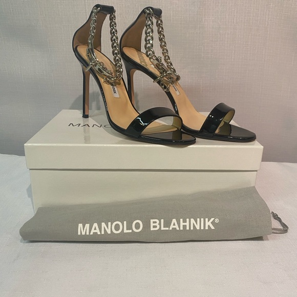 MANOLO BLAHNIK Black Chaos Sandal With Chain Strap Pin Lock Size 8.5B Italy - Picture 1 of 15
